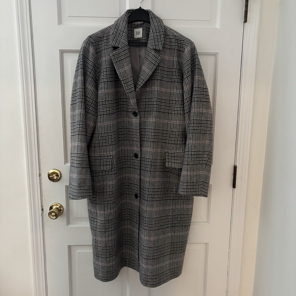 Gap Womens Paid Gray Pink single-breasted Long Coat Wool Blend Size XXL